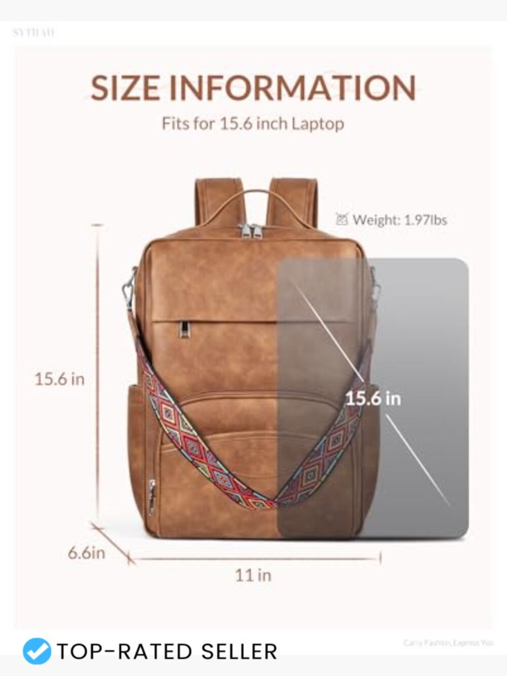 Leather Laptop Backpack 15.6 Inch Daypack with Tech Organizer Travel Work Bag - Picture 6 of 6